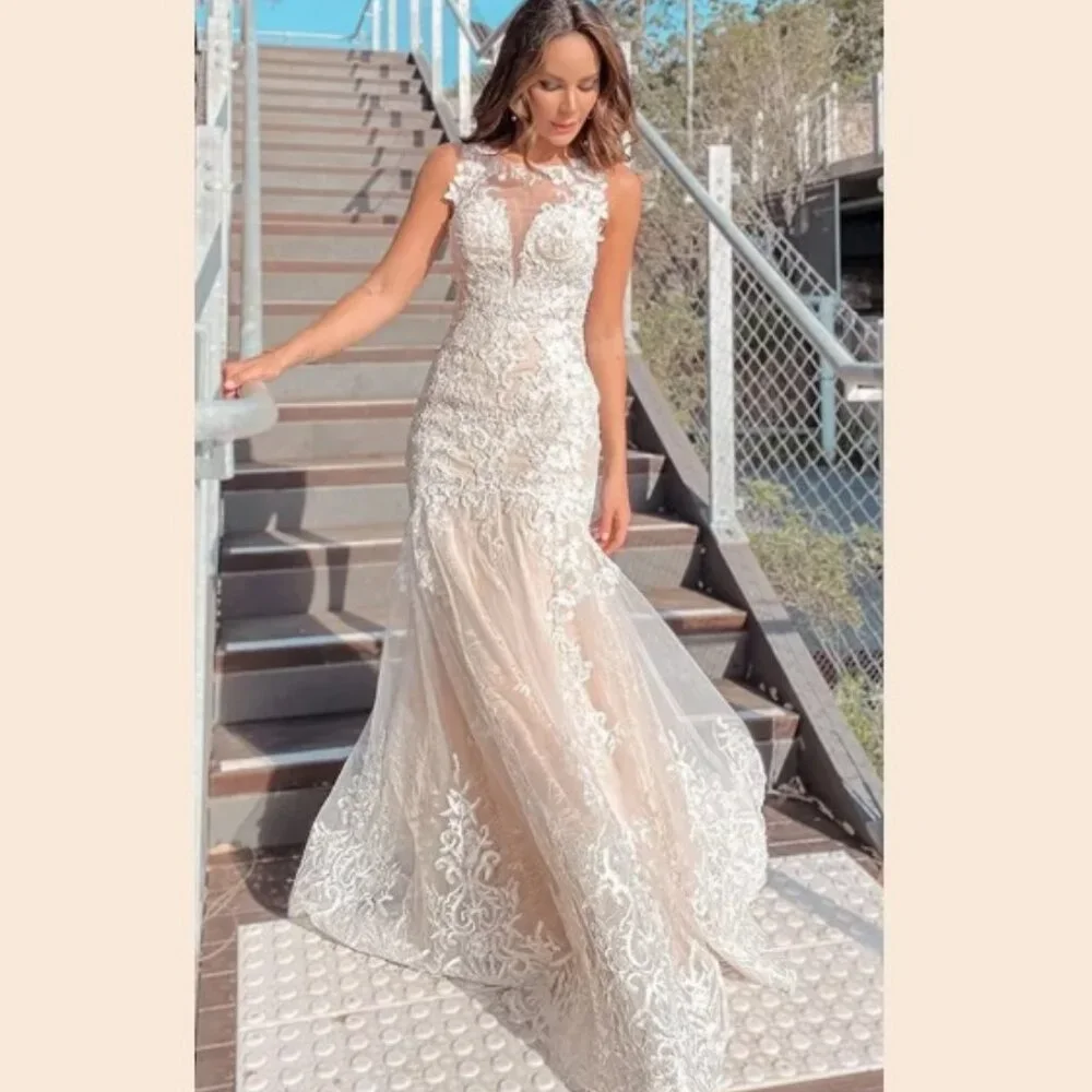 Pink White Lace Tulle Fit And Flare Court Train Wedding Dress Sz 20 | Color: Pink/White | Size: 20 | Loveforthee's Closet Pink White Lace Tulle Fit And Flare Court Train Wedding Dress Sz 20 | Color: Pink/White | Size: 20 | Loveforthee's Closet